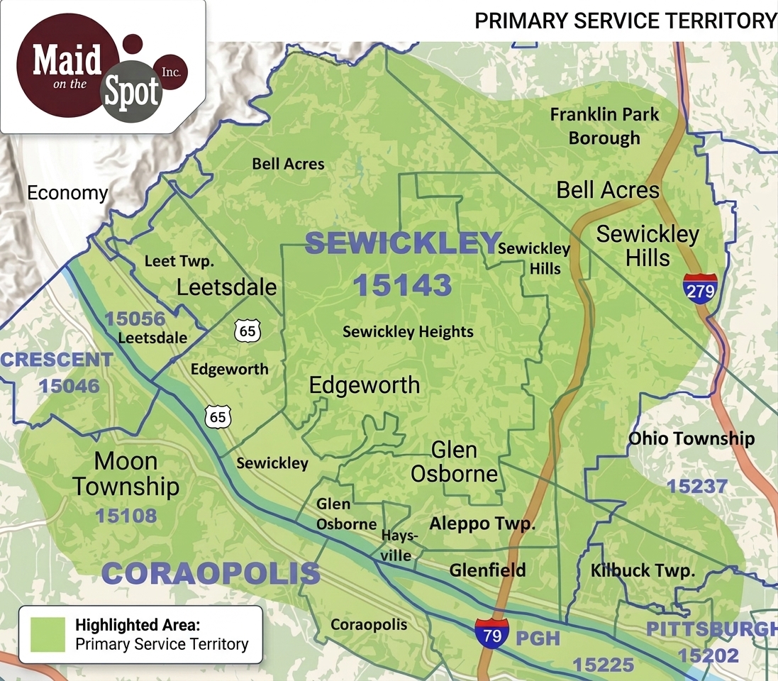 Map graphic showing Maid on the Spot's Sewickley primary service territory in ZIP code 15143